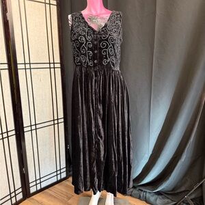 Vintage Black Velvet Maxi Dress with Embroidered Bodice